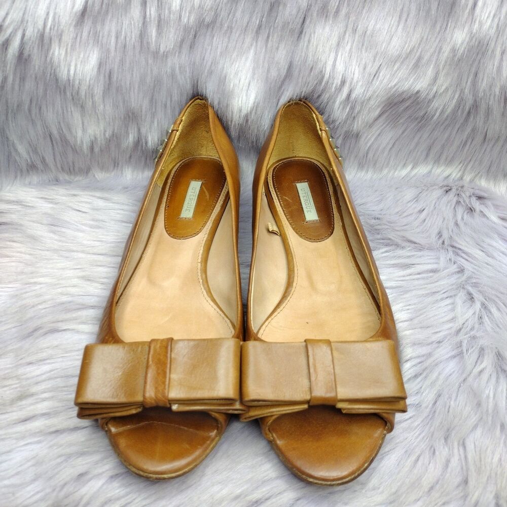 Uterque Leather Peep Toe Ballet Flats Bow Womens Size 38/7.5 Brown Minimalist